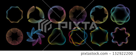Neon gradient circular dotted lines set. Vibrant concentric halftone circles with glowing spiral motion effect. Colorful vector elements for futuristic tech symbol or modern design. Neon gradient circular dotted lines set. Vibrant concentric halftone circles with glowing spiral motion effect. Colorful vector elements for futuristic tech symbol or modern design. 132922200