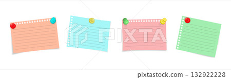 Set of paper notes with pins. Realistic vector collection of blank memo sheets and stickers fastened with push pins. Office reminder elements isolated . 132922228
