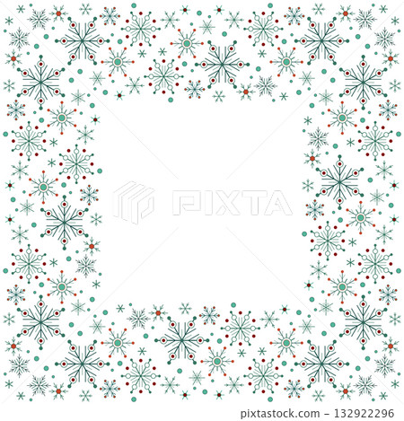 Christmas square frame. White green seamless pattern of snowflakes. Winter seasonal snowfall background. Christmas decor 132922296