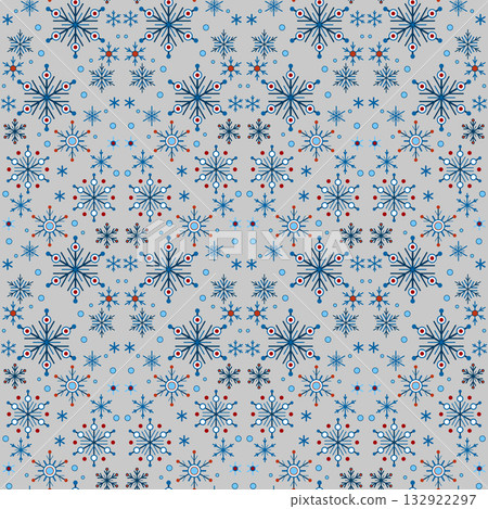 Seamless pattern of blue snowflakes on gray background. Winter seasonal snowfall background. Snowflakes with six rays 132922297