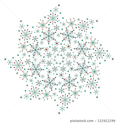 Winter round ornament of graceful snowflakes. Green snowflakes on white background. Winter mandala ornament illustration Winter round ornament of graceful snowflakes. Green snowflakes on white background. Winter mandala ornament illustration 132922299