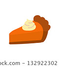 A slice of pumpkin pie topped with whipped cream. Thin shortbread dough and spicy pumpkin filling. Flat vector design element 132922302