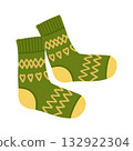 Warm cozy hand-knitted socks in cartoon style. Flat vector illustration. 132922304