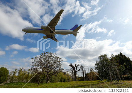 Passenger plane flying over the park Passenger plane flying over the park 132922351
