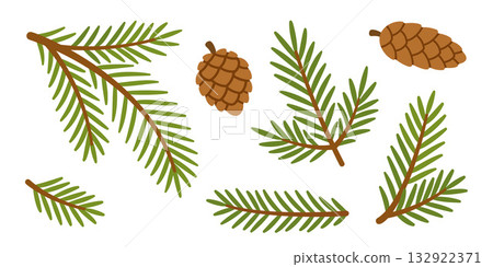 Set of spruce branches and pine cones. Hand drawn trendy flat style isolated Set of spruce branches and pine cones. Hand drawn trendy flat style isolated 132922371