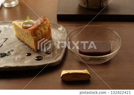 Assorted Japanese sweets including rich and crumbly pumpkin cheesecake and yokan Assorted Japanese sweets including rich and crumbly pumpkin cheesecake and yokan 132922421