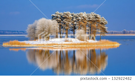 Serene winter island reflections amidst frosty pine trees Serene winter island reflections amidst frosty pine trees 132922482