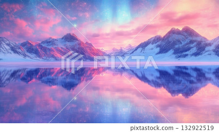 Enchanting aurora over serene snowy mountains reflecting in tranquil lake at dawn Enchanting aurora over serene snowy mountains reflecting in tranquil lake at dawn 132922519
