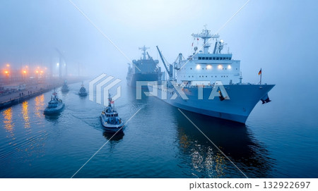 Majestic cargo ships navigating through foggy harbor with tugboats 132922697