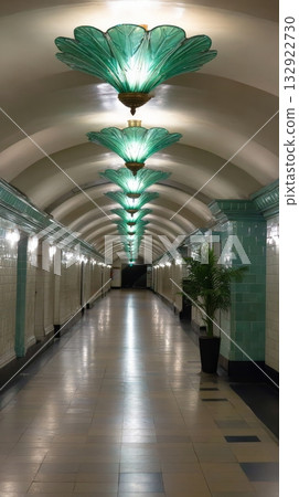 Art deco subway corridor with unique green glass lighting fixtures 132922730