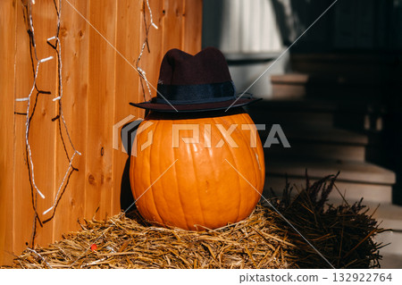 Pumpkin sitting on a straw bale wearing a dark fedora hat next to a wooden wall. Halloween decor, cottagecore aesthetic, rustic styling, seasonal whimsy 132922764