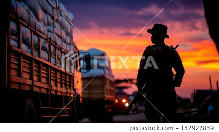 Silhouette of armed person by truck at vibrant sunset 132922839