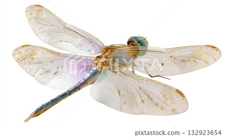Close-up of a vibrant dragonfly with transparent wings and colorful body 132923654