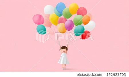 Joyful child with colorful balloons on pink background Joyful child with colorful balloons on pink background 132923703