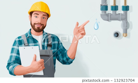 Young caucasian male plumber inspecting leaky pipe with clipboard and yellow hard hat 132923704