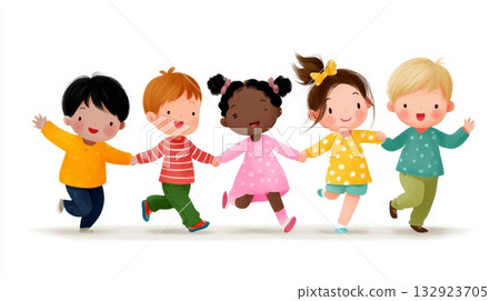 Five diverse children joyfully holding hands in colorful outfits Five diverse children joyfully holding hands in colorful outfits 132923705