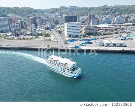 Aerial view of the Sakurajima Ferry departing from Kagoshima Port for Sakurajima Aerial view of the Sakurajima Ferry departing from Kagoshima Port for Sakurajima 132923808