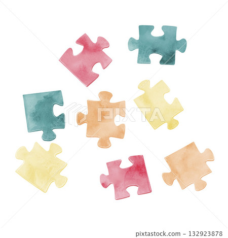 A colorful jigsaw puzzle set. Watercolor illustration with scattered pieces on a white background. Suitable for children's cards, educational games, stickers, presentations, web pages, and decor on 132923878