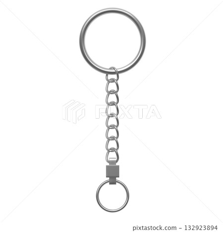 Silver keychain, vector 3D realistic metallic keychain with straight chain and ring, keys and pendant steel keyholder Silver keychain, vector 3D realistic metallic keychain with straight chain and ring, keys and pendant steel keyholder 132923894