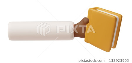A 3D hand with dark skin and a white sleeve holds a closed book with a yellow cover. 132923903
