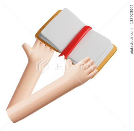 Book in hands 3D plastic style vector render illustration, brown hardcover opened book with white sheets and bookmark Book in hands 3D plastic style vector render illustration, brown hardcover opened book with white sheets and bookmark 132923905