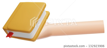 A 3D hand holding a closed book with a yellow cover and a red bookmark. 132923906
