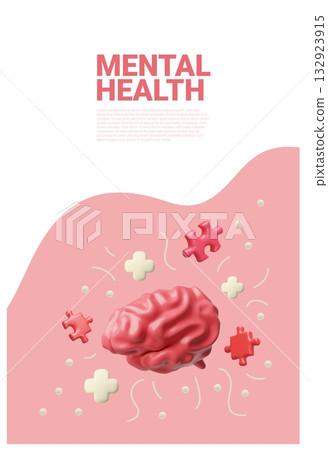 3D poster with a brain, puzzle pieces, and a plus sign on a pink background. 132923915