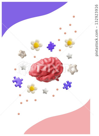 Brain internal organ with puzzle pieces, gears, flowers 3D cartoon vector design, Mental health, Psychology health care 132923916