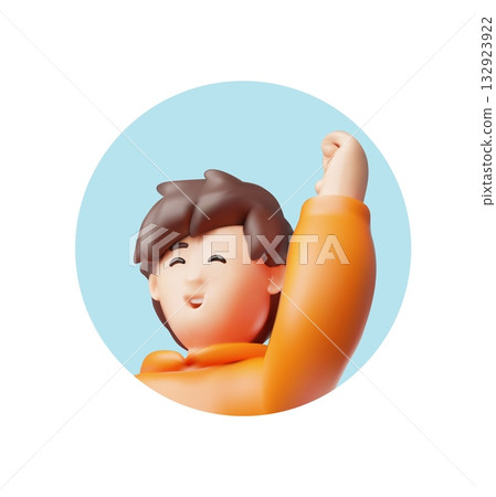 A 3D boy in an orange hoodie, happily raising his hand, circle frame on a blue background, close-up A 3D boy in an orange hoodie, happily raising his hand, circle frame on a blue background, close-up 132923922