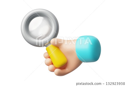 Hand holding magnifying glass vector 3D cartoon plastic style, searching, researching, discovery, analysis, scrutiny Hand holding magnifying glass vector 3D cartoon plastic style, searching, researching, discovery, analysis, scrutiny 132923938