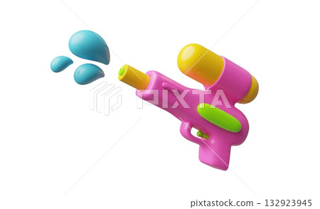 3D bright pink water gun with splashes of water drops, children's toy, entertainment. 3D bright pink water gun with splashes of water drops, children's toy, entertainment. 132923945