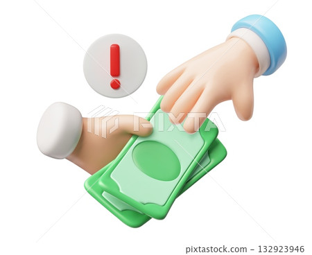 3D icon of a hand passing paper money to another with an exclamation point. 3D icon of a hand passing paper money to another with an exclamation point. 132923946