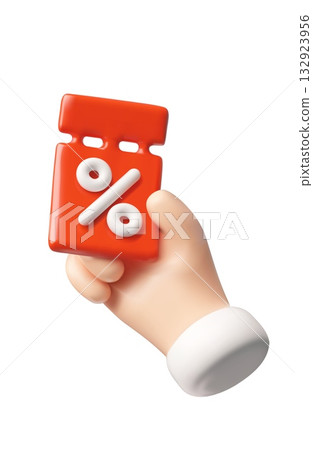 A 3D hand holding a red discount ticket with a percentage sign, coupon, sale, discount. 132923956