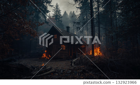 Cabin in a dark forest with fire, a moody and atmospheric scene Cabin in a dark forest with fire, a moody and atmospheric scene 132923966