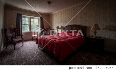 Elegant bedroom with a red bedspread, antique furniture, and patterned carpet 132923967
