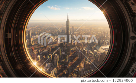 Dubai skyline view from a circular window with the Burj Khalifa at the center 132924000