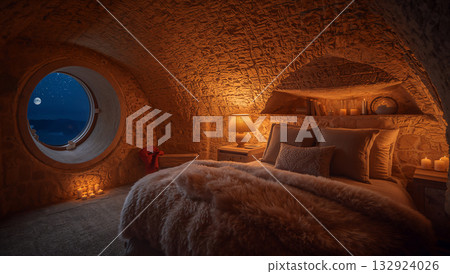 Cozy bedroom in a cave with a round window overlooking the night sky 132924026