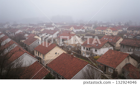 Foggy Cityscape View of Houses with Rooftops and Trees 132924046