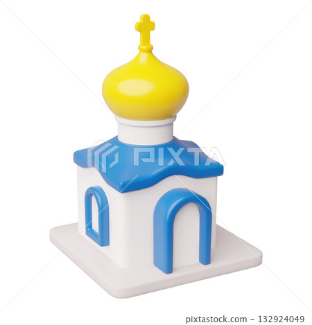 3d icon of the building of the Christian church, with a yellow dome, a cross, a blue roof. 132924049