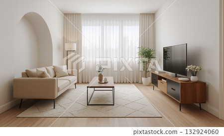 Modern living room design with light tones and elegant decor 132924060