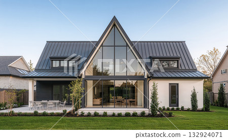 Modern home exterior with a large glass facade and a dark metal roof Modern home exterior with a large glass facade and a dark metal roof 132924071