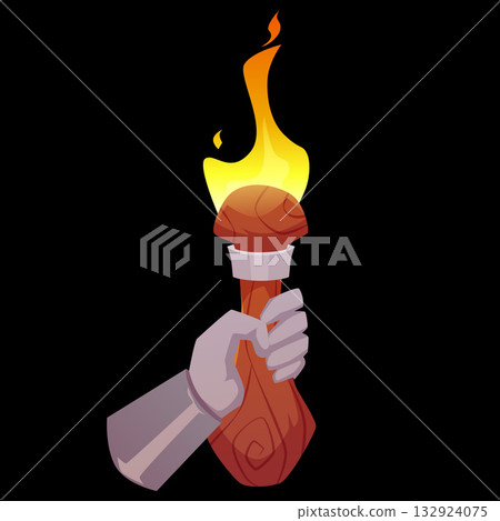 A hand in iron armor holds a burning torch by its wooden handle. A hand in iron armor holds a burning torch by its wooden handle. 132924075
