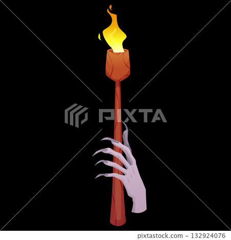 A wooden torch with a long handle and a flame in a hand with long claws. 132924076