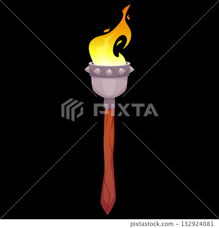 Medieval torch with a wooden handle and metal bowl, with a burning flame and glowing effect. 132924081