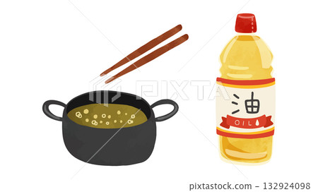 沙拉油塑膠瓶和煎鍋套裝。水彩風格手繪向量圖 沙拉油塑膠瓶和煎鍋套裝。水彩風格手繪向量圖 132924098