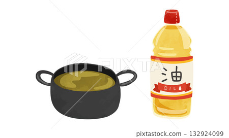 沙拉油塑膠瓶和煎鍋套裝。水彩風格手繪向量圖 132924099