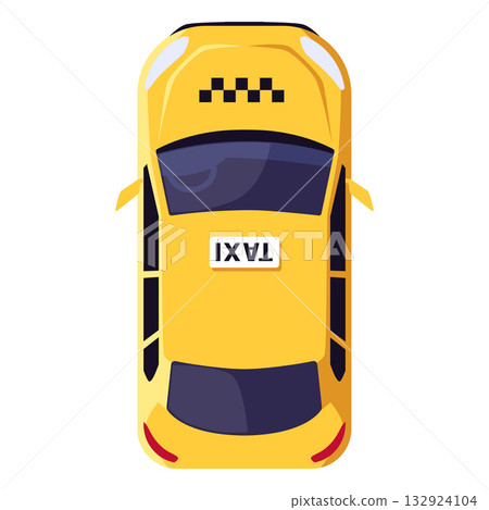 Yellow taxi car, top view. Urban transportation, parking lot. Yellow taxi car, top view. Urban transportation, parking lot. 132924104