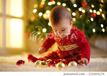 Curious baby sits by the tree, captivated while exploring and touching colorful holiday ornaments 132924174