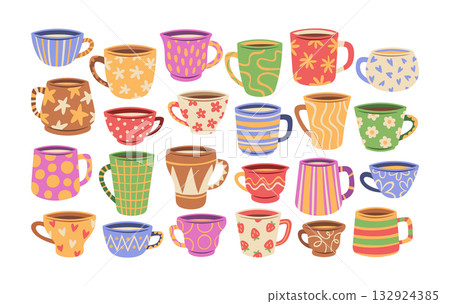 Colorful ceramic tea cups and mugs kitchen utensils set for daily hot drinks and sweet beverages 132924385
