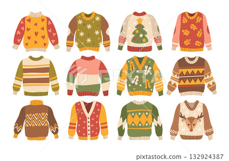 Warm knitted and woolen sweaters set with trendy fashion winter autumn prints and Christmas patterns Warm knitted and woolen sweaters set with trendy fashion winter autumn prints and Christmas patterns 132924387